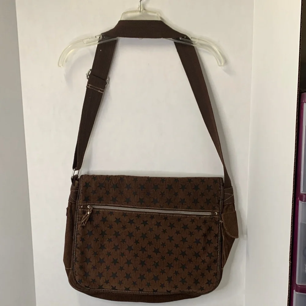 BONGO Brown Corduroy Star Pattern Messenger Bag adjustable strap